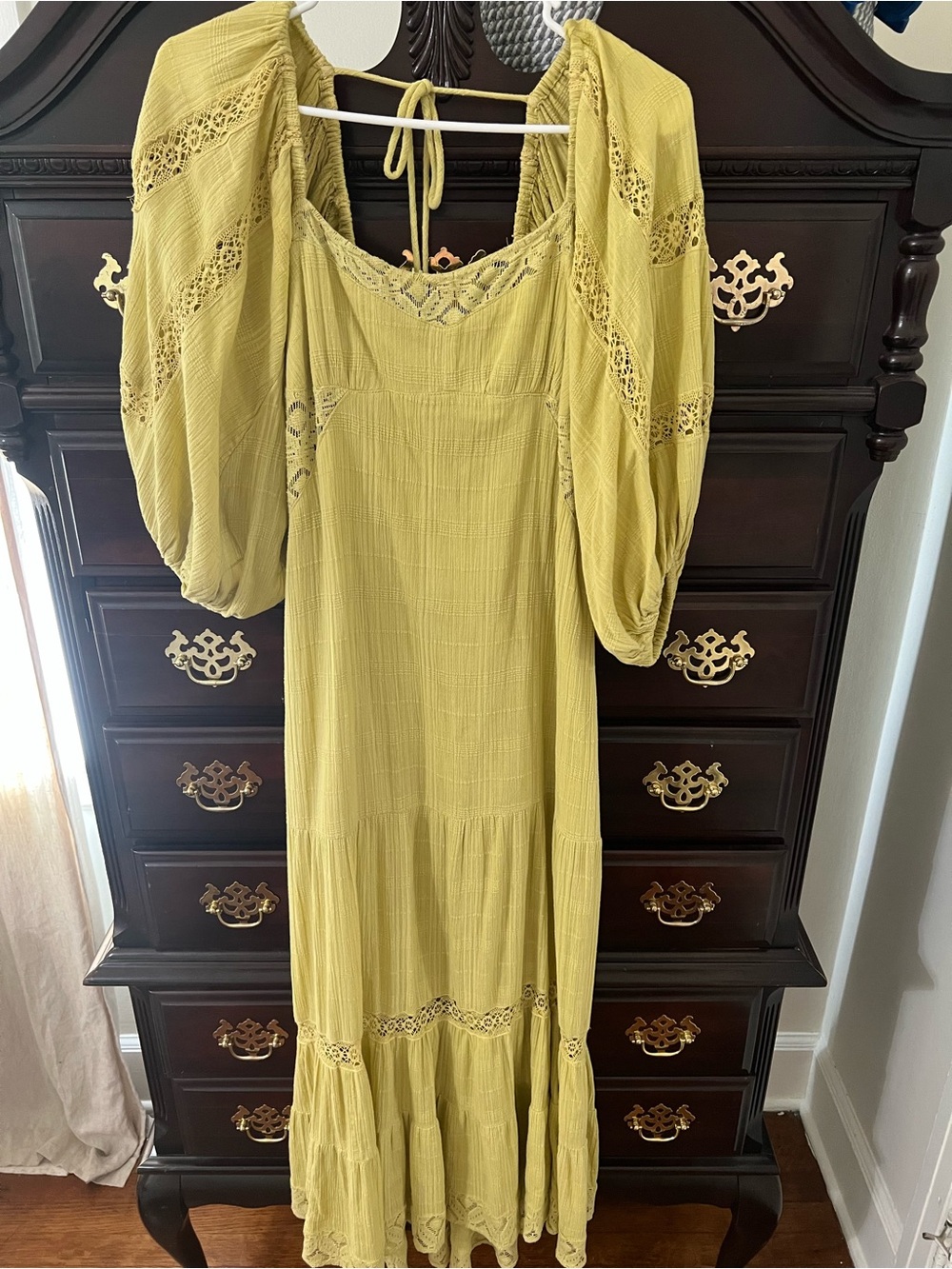 We The Free Olive Green Boho Maxi Dress with Lace Insets